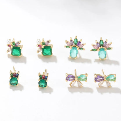 Simple Style Pineapple Bow Knot Copper Ear Studs Plating Inlay Zircon Copper Earrings