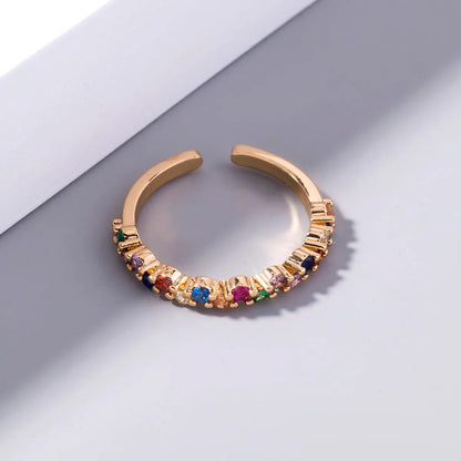 Simple Style Rainbow Zircon Adjustable Opening Ladies Copper Ring