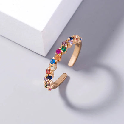 Simple Style Rainbow Zircon Adjustable Opening Ladies Copper Ring