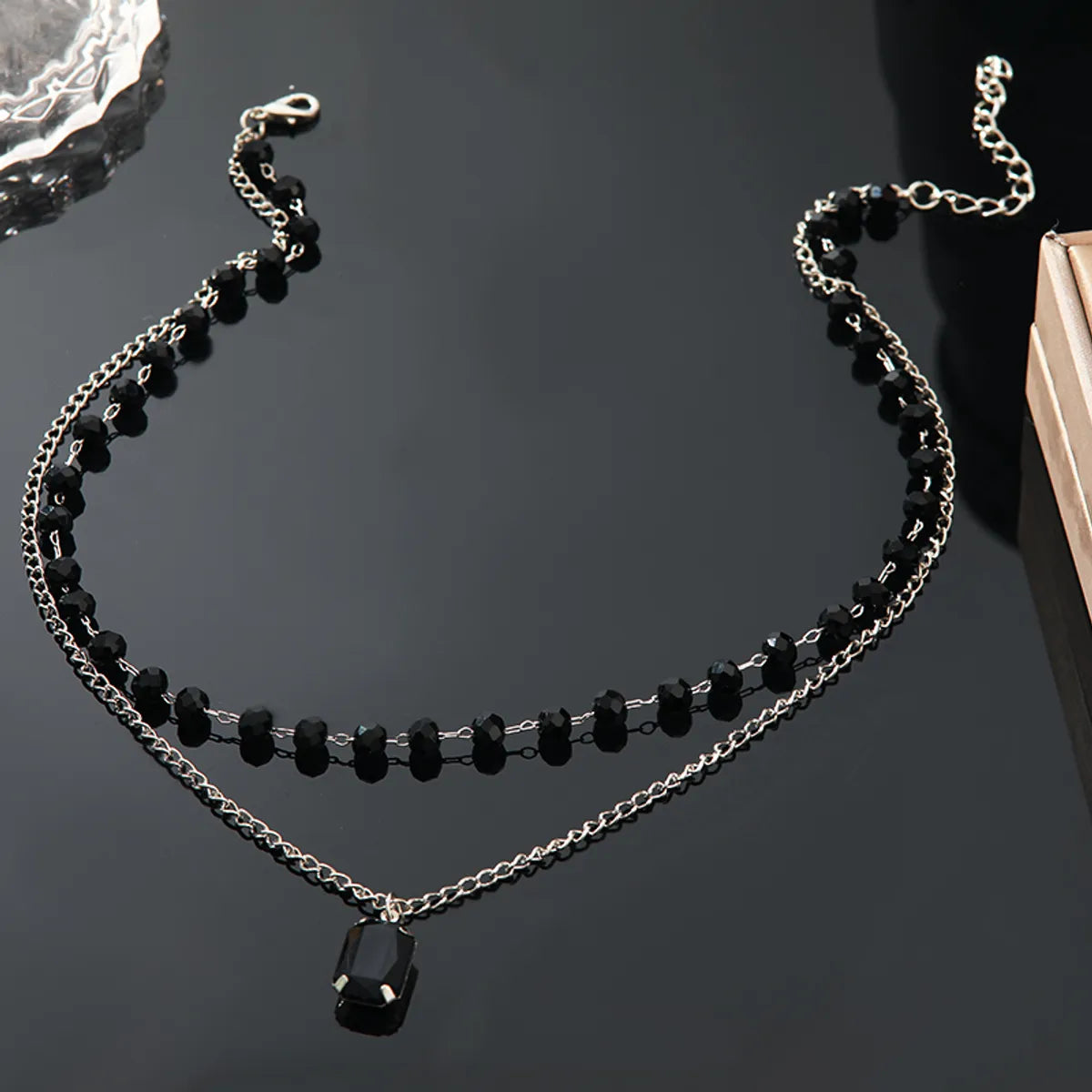 Simple Style Rectangle Glass Bead Iron Beaded Plating Inlay Acrylic White Gold Plated Women's Double Layer Necklaces