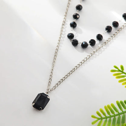 Simple Style Rectangle Glass Bead Iron Beaded Plating Inlay Acrylic White Gold Plated Women's Double Layer Necklaces