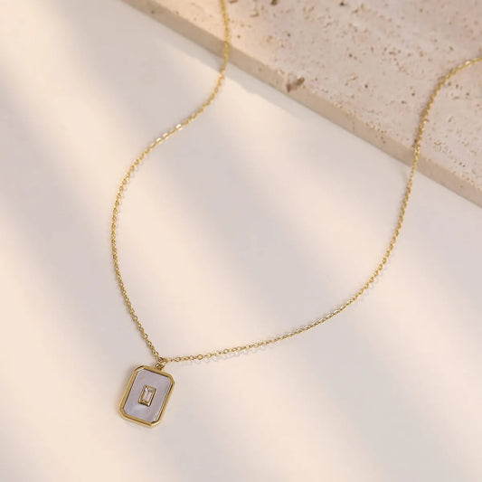 Simple Style Rectangle Stainless Steel Plating Inlay Shell White Gold Plated Gold Plated Pendant Necklace