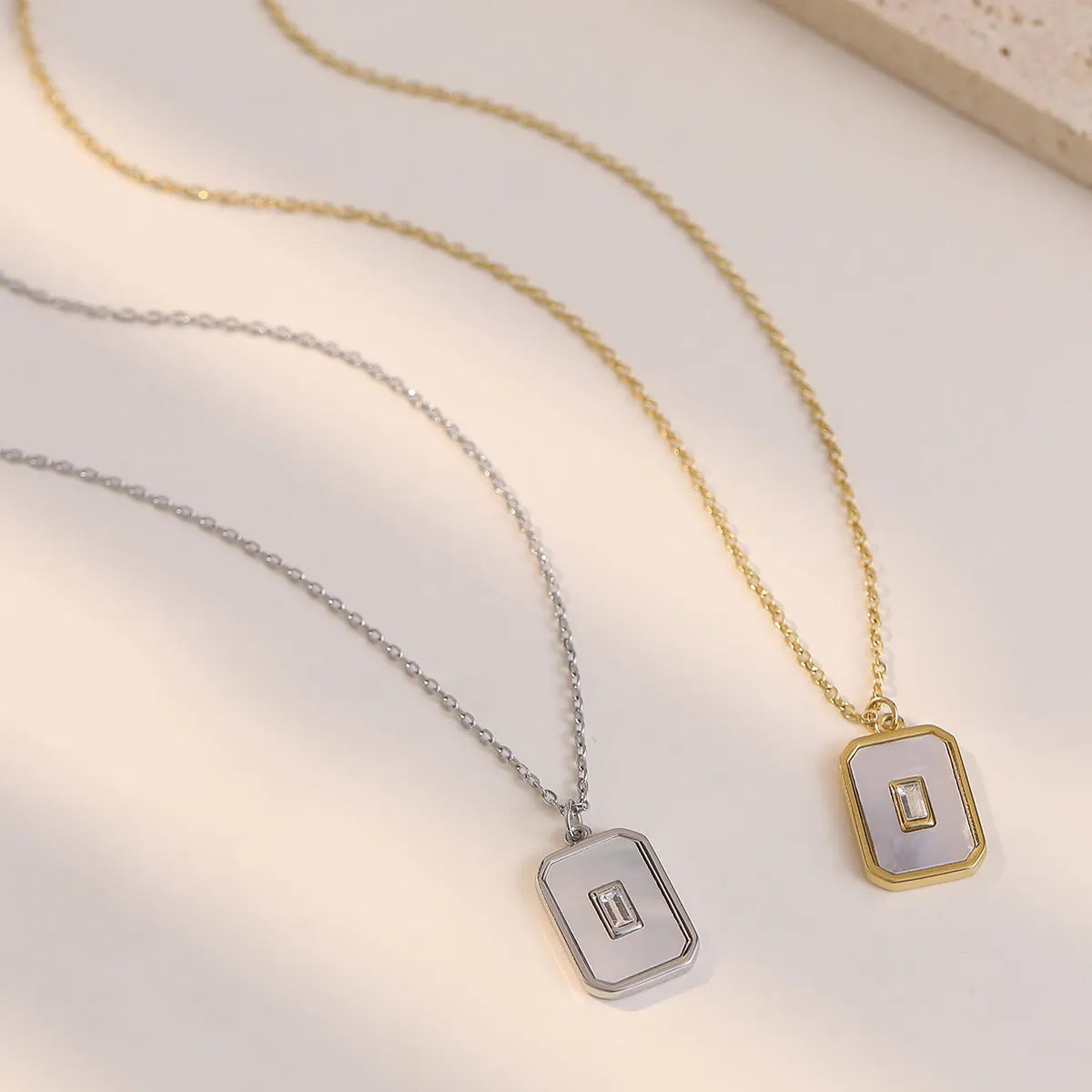 Simple Style Rectangle Stainless Steel Plating Inlay Shell White Gold Plated Gold Plated Pendant Necklace