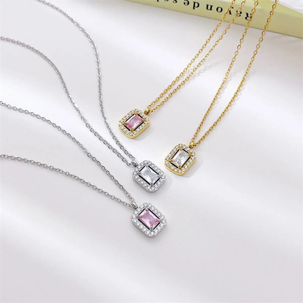 Wholesale Jewelry Simple Style Rectangle 304 Stainless Steel Zircon White Gold Plated Gold Plated Plating Inlay Pendant Necklace