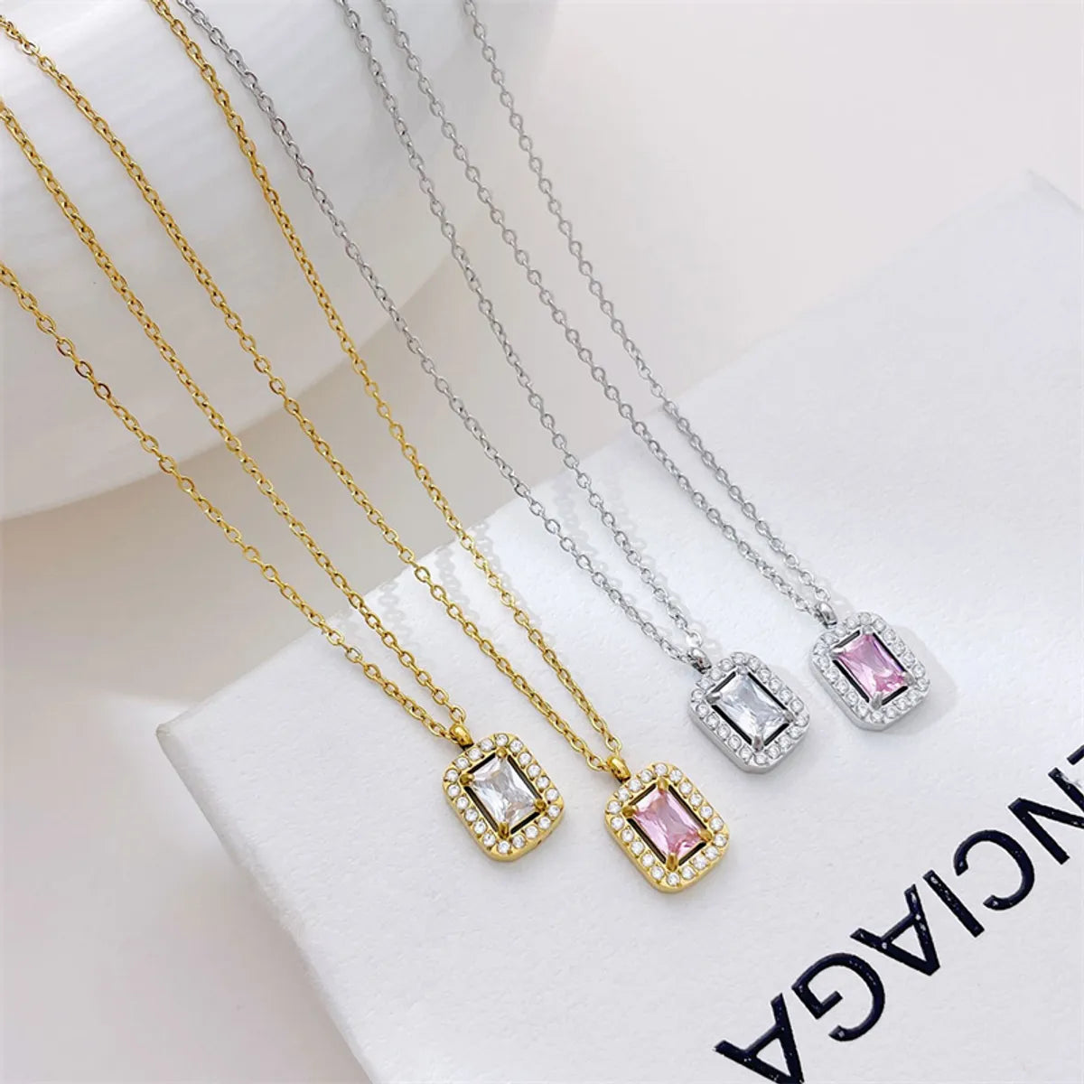 Wholesale Jewelry Simple Style Rectangle 304 Stainless Steel Zircon White Gold Plated Gold Plated Plating Inlay Pendant Necklace