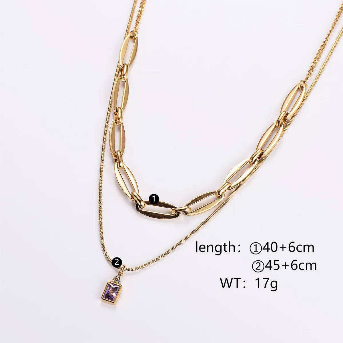 Simple Style Rectangle Stainless Steel Plating Rhinestones 18k Gold Plated Double Layer Necklaces