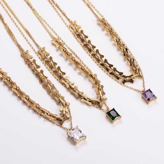 Simple Style Rectangle Stainless Steel Plating Zircon 18k Gold Plated Layered Necklaces