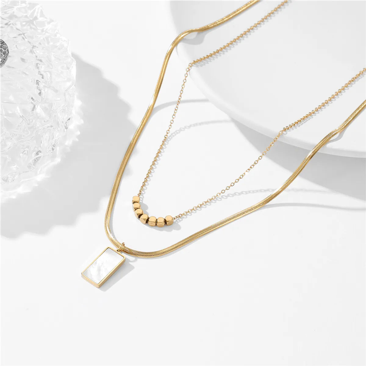 Simple Style Rectangle Titanium Steel Copper Plating Inlay Shell 18k Gold Plated Layered Necklaces