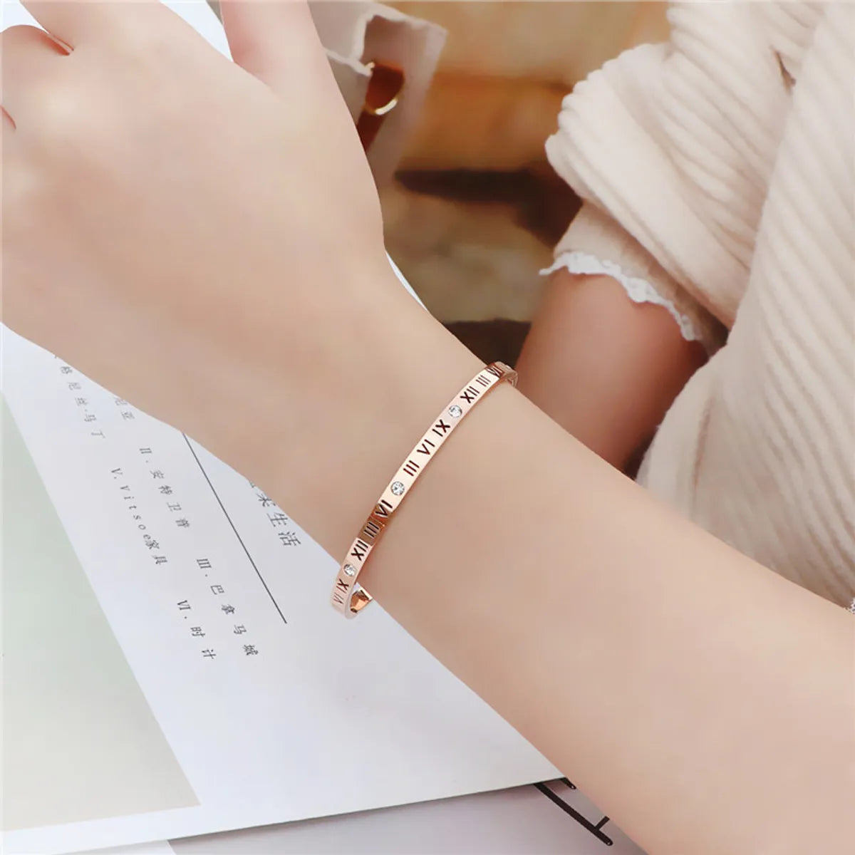 Simple Style Roman Numeral Titanium Steel Plating Gold Plated Bangle