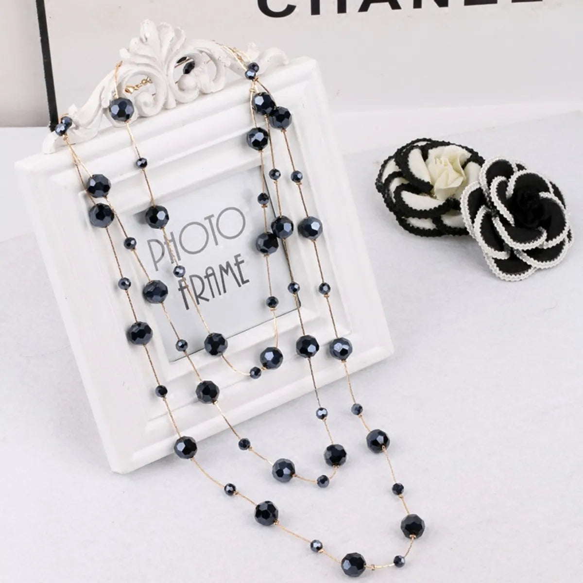 Simple Style Round Artificial Crystal Alloy Beaded Women's Sweater Chain Long Necklace