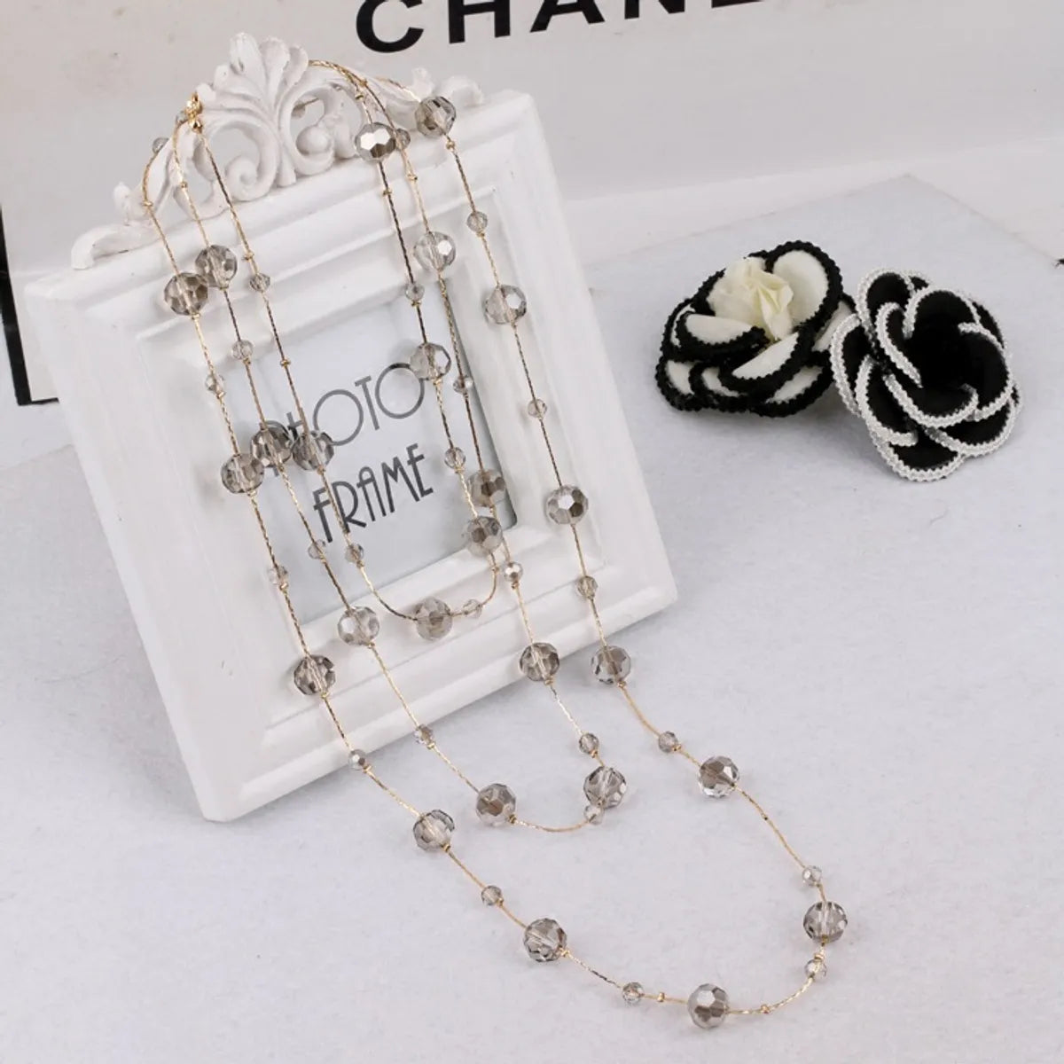 Simple Style Round Artificial Crystal Alloy Beaded Women's Sweater Chain Long Necklace