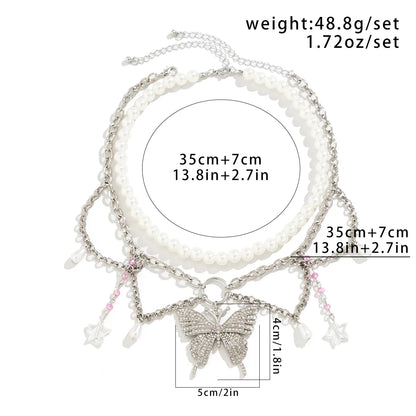 Simple Style Round Butterfly Imitation Pearl Alloy Iron Inlay Rhinestones Women's Pendant Necklace