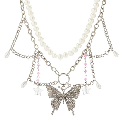 Simple Style Round Butterfly Imitation Pearl Alloy Iron Inlay Rhinestones Women's Pendant Necklace