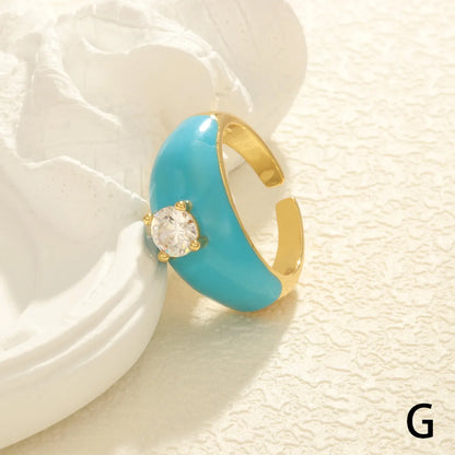 Simple Style Round Copper Enamel Plating Inlay Zircon 18k Gold Plated Open Rings