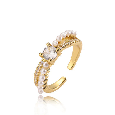 Simple Style Round Copper 18k Gold Plated Artificial Pearls Zircon Open Rings In Bulk