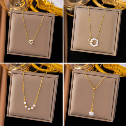 Simple Style Round Flower Imitation Pearl Titanium Steel Plating Necklace