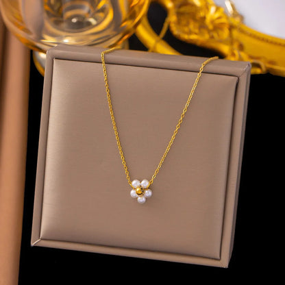 Simple Style Round Flower Imitation Pearl Titanium Steel Plating Necklace