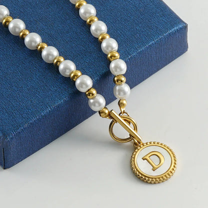 Simple Style Round Letter Imitation Pearl Titanium Steel Inlaid Shell Pendant Necklace 1 Piece