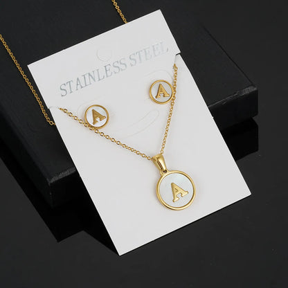 Simple Style Round Letter Stainless Steel Gold Plated Shell Earrings Necklace 3 Piece Set