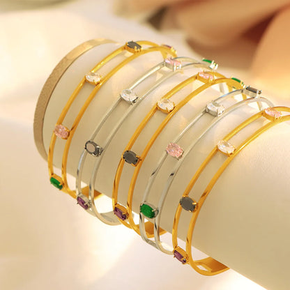 Simple Style Round Lines Titanium Steel Plating Hollow Out Inlay Zircon 18k Gold Plated Bangle