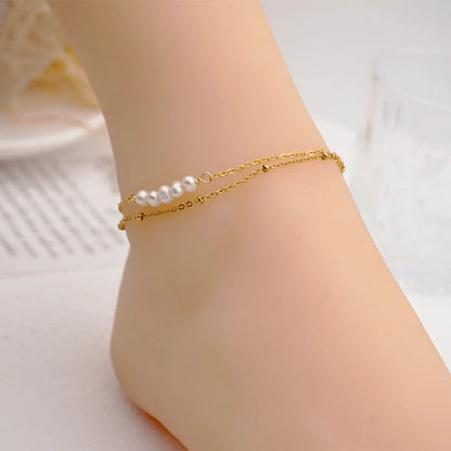 Wholesale Simple Style Round Freshwater Pearl Titanium Steel Bracelets Anklet