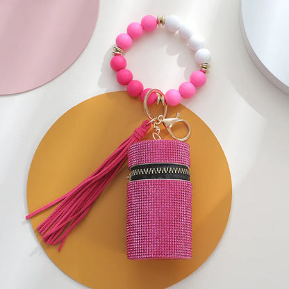 Simple Style Round Pu Leather Silica Gel Beaded Keychain