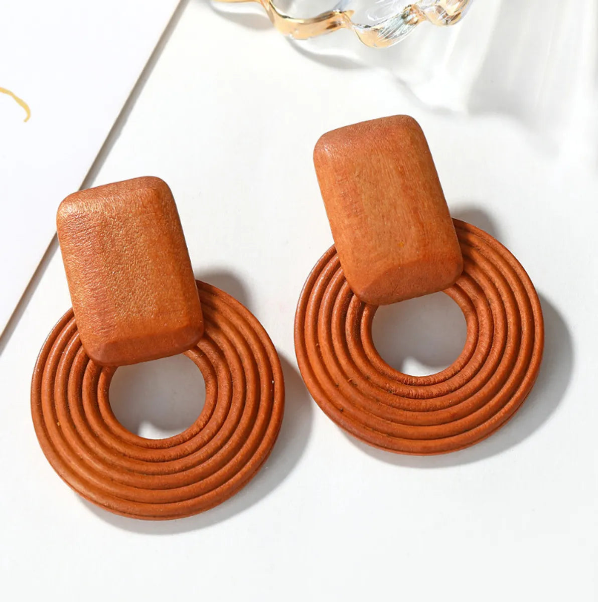 Simple Style Round Rectangle Wood Hollow Out Women'S Earrings