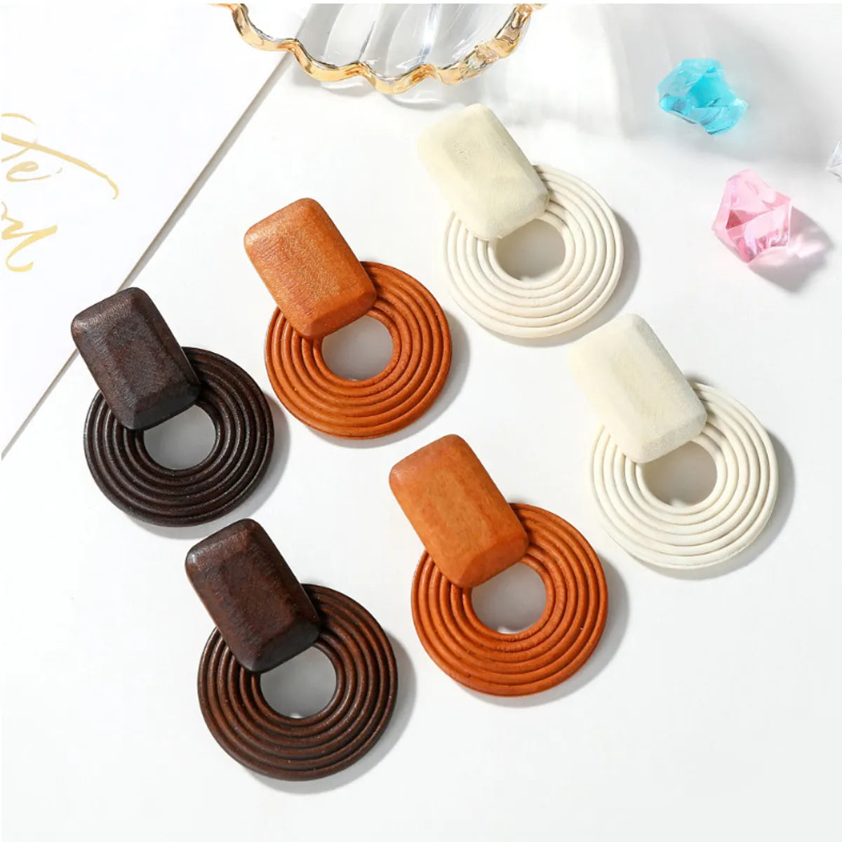 Simple Style Round Rectangle Wood Hollow Out Women'S Earrings