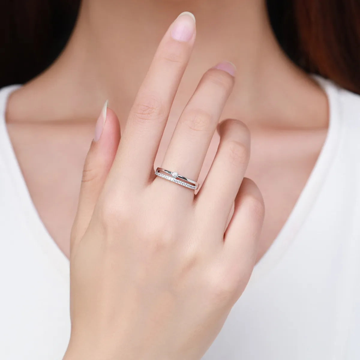 Simple Style Round Silver Plating Inlay Zircon Rings 1 Piece