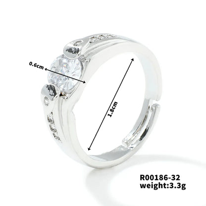 Copper Rhodium Plated Simple Style Plating Inlay Round Square Zircon Open Rings