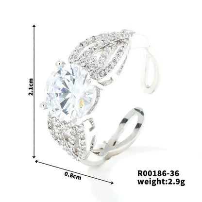 Copper Rhodium Plated Simple Style Plating Inlay Round Square Zircon Open Rings