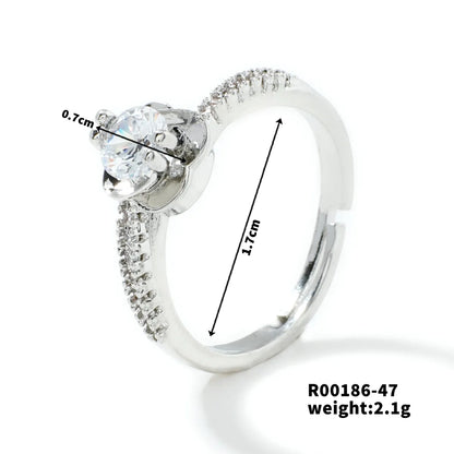 Copper Rhodium Plated Simple Style Plating Inlay Round Square Zircon Open Rings