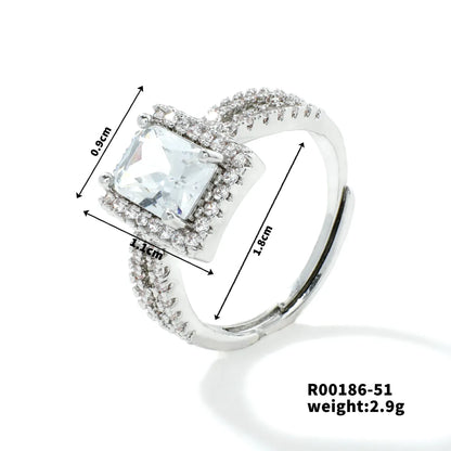 Copper Rhodium Plated Simple Style Plating Inlay Round Square Zircon Open Rings