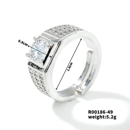 Copper Rhodium Plated Simple Style Plating Inlay Round Square Zircon Open Rings