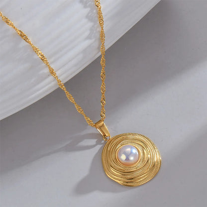 Simple Style Round Stainless Steel Plating Inlay Pearl 18k Gold Plated Pendant Necklace