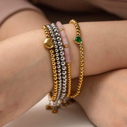 Simple Style Round Stainless Steel Beaded Titanium Steel 18k Gold Plated Bracelets