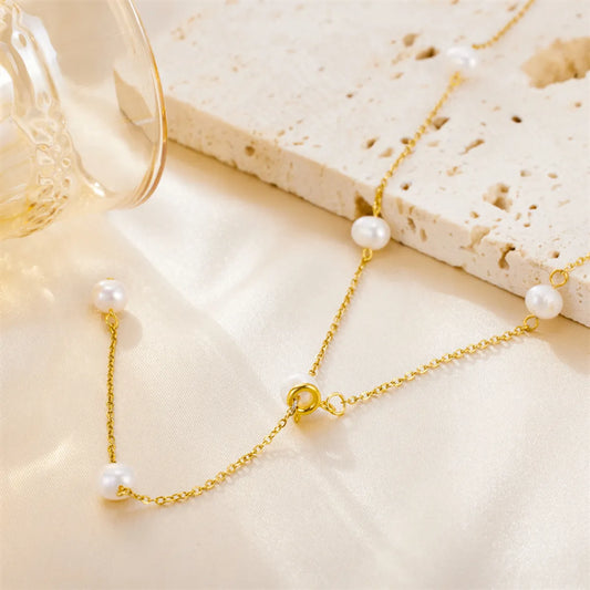 Simple Style Round Stainless Steel Freshwater Pearl Beaded Handmade Pendant Necklace