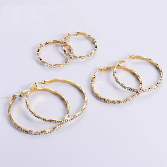 1 Pair Simple Style Round Hollow Out Inlay Stainless Steel Rhinestones Hoop Earrings