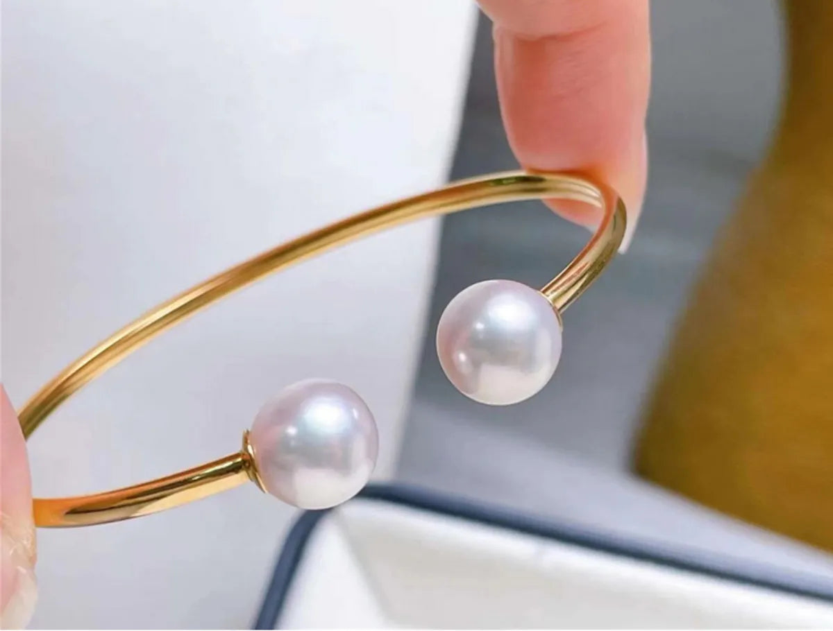 Simple Style Round Stainless Steel Inlay Artificial Pearls Cuff Bracelets