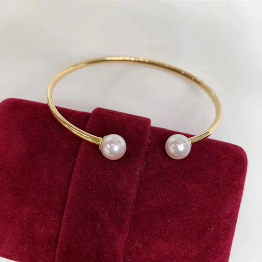 Simple Style Round Stainless Steel Inlay Artificial Pearls Cuff Bracelets