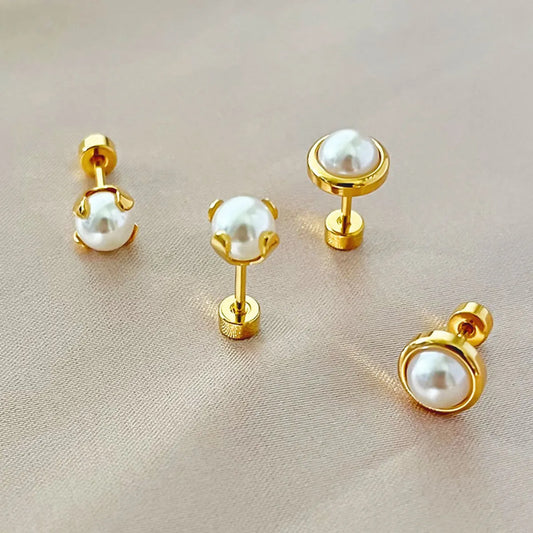 Simple Style Round Stainless Steel Plating Inlay Pearl Ear Studs 1 Piece