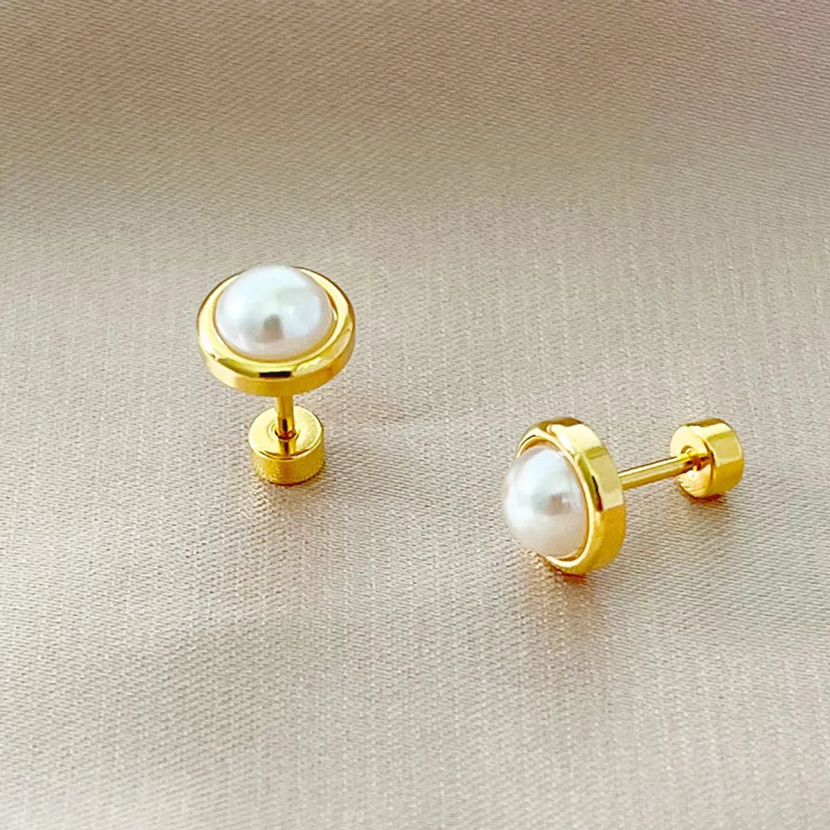 Simple Style Round Stainless Steel Plating Inlay Pearl Ear Studs 1 Piece