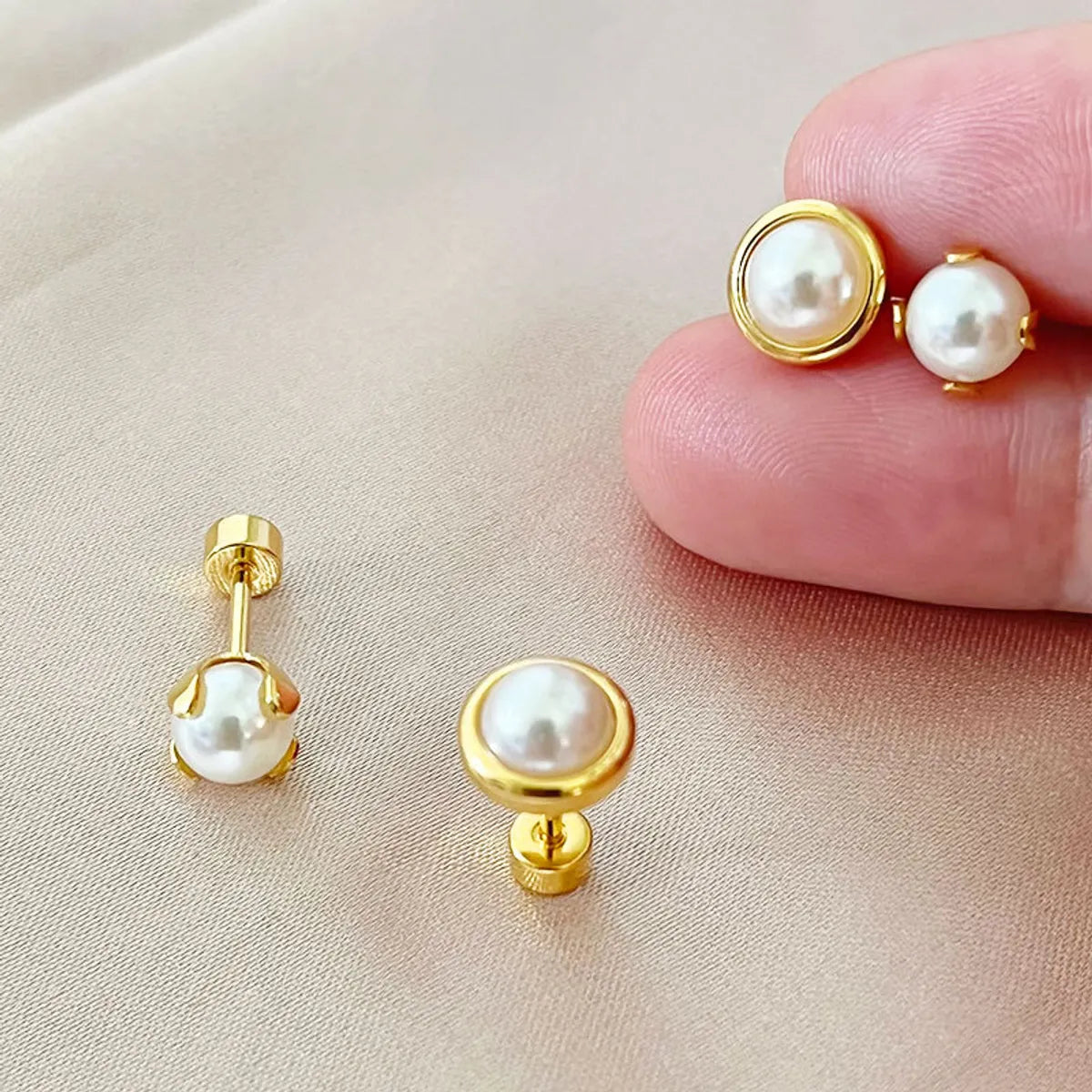 Simple Style Round Stainless Steel Plating Inlay Pearl Ear Studs 1 Piece