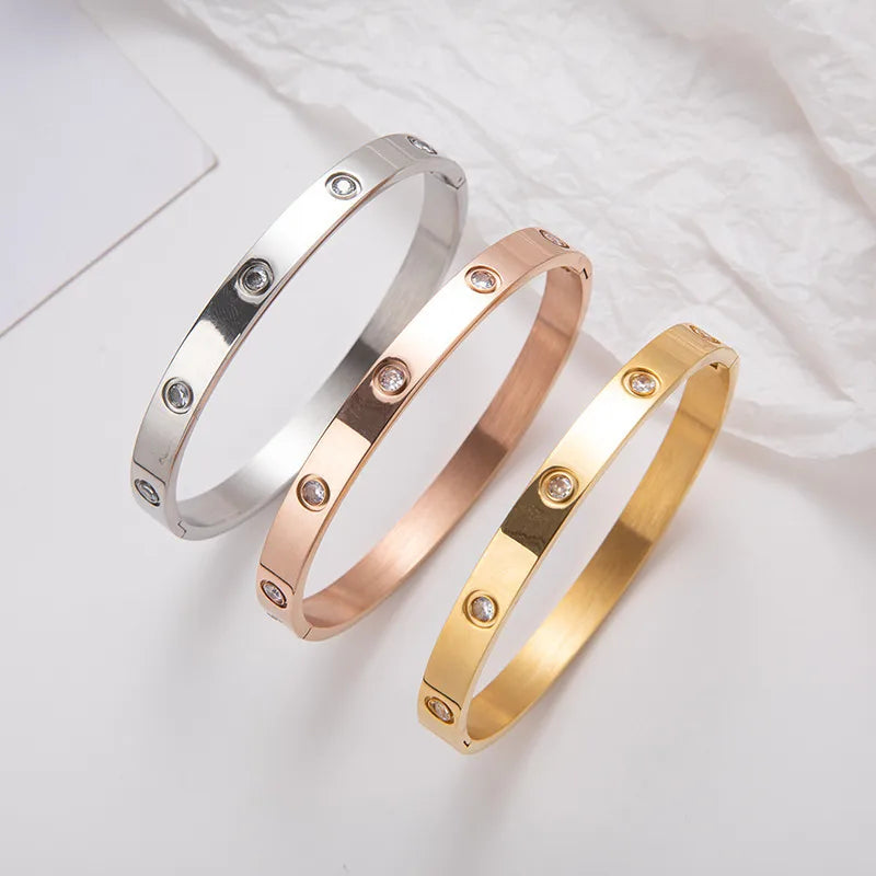 Simple Style Round Stainless Steel Plating Zircon Bangle