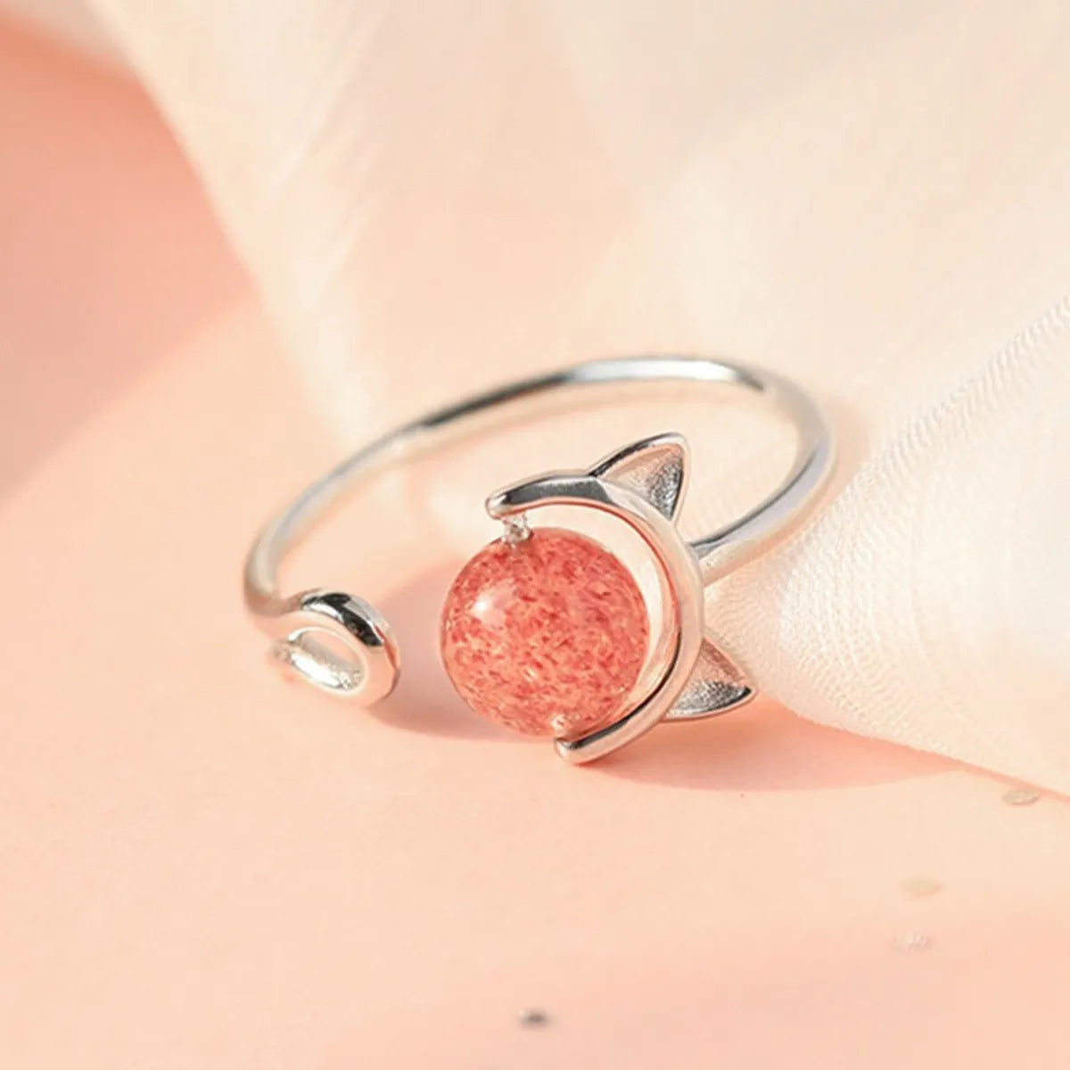 Simple Style Round Sterling Silver Strawberry Quartz Open Rings In Bulk