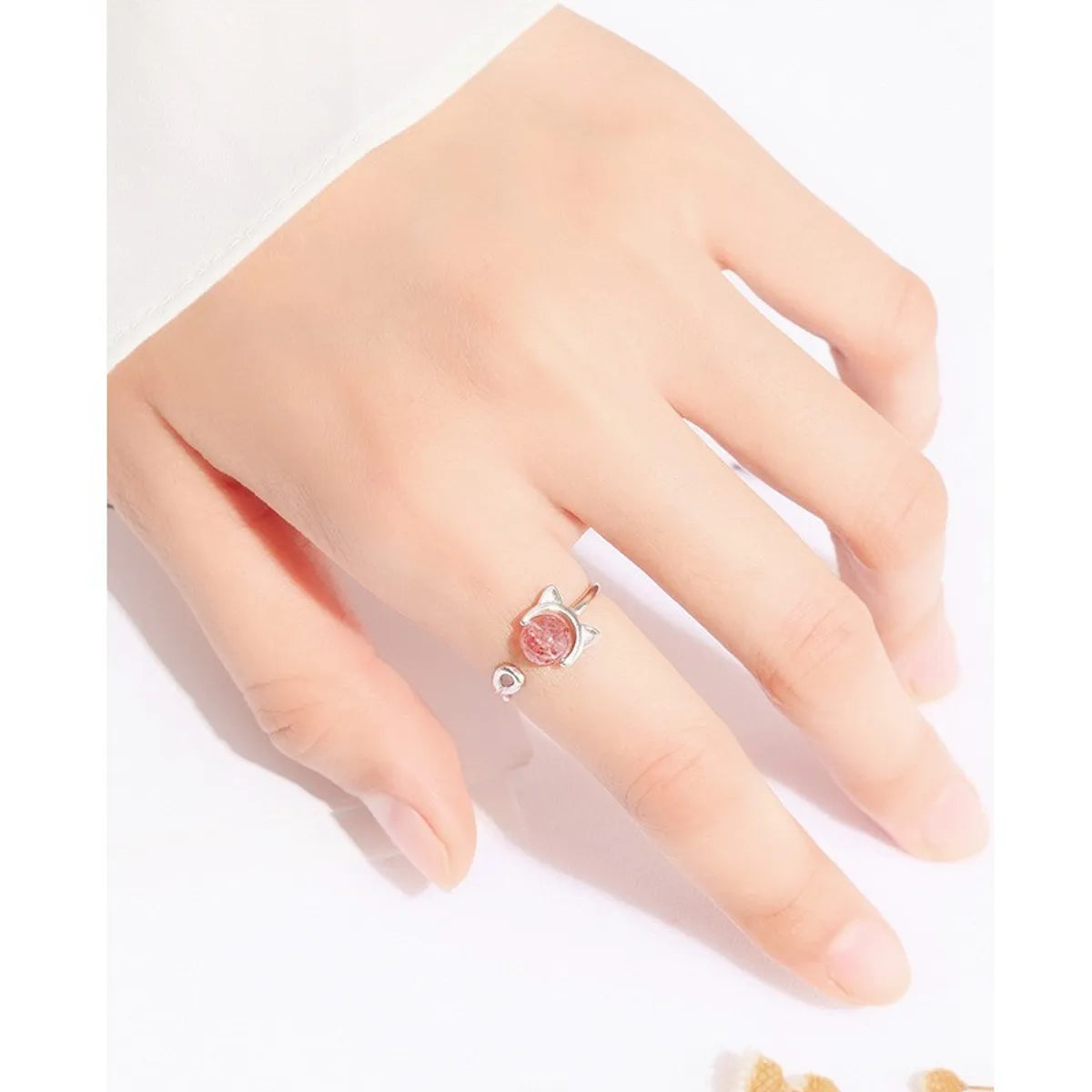 Simple Style Round Sterling Silver Strawberry Quartz Open Rings In Bulk