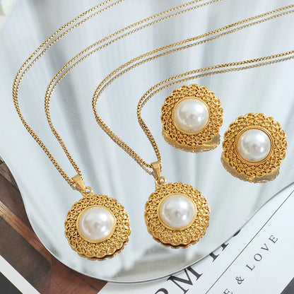 Wholesale Jewelry Simple Style Round 304 Stainless Steel Pearl 18K Gold Plated Gold Plated Earrings Necklace