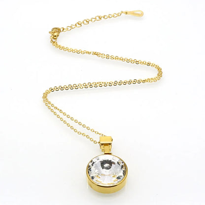 Simple Style Round Titanium Steel Inlay Artificial Crystal Pendant Necklace