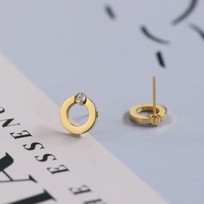 Simple Style Round Titanium Steel Plating Inlay Artificial Diamond Ear Studs 1 Pair