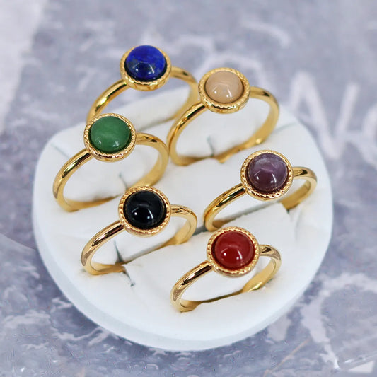 Simple Style Round Titanium Steel Plating Inlay Natural Stone Agate 18k Gold Plated Rings